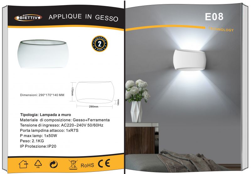 Applique in Gesso Bianco Led Curvo R7S E08